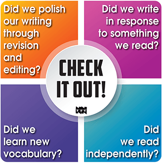 Check it out! Did we polish our writing through revision and editing? Did we write in response to something we read? Did we learn new vocabulary? Did we read independently?